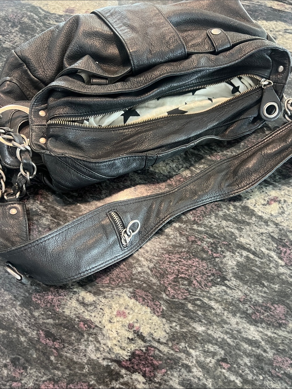 Betsey Johnson Black Leather Chain-Accent Shoulder Bag very heavy, thick leather - Picture 9 of 10